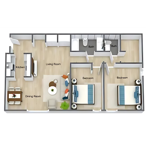 A floor plan of a house with a kitchen, living room, dining room, and two bedrooms.